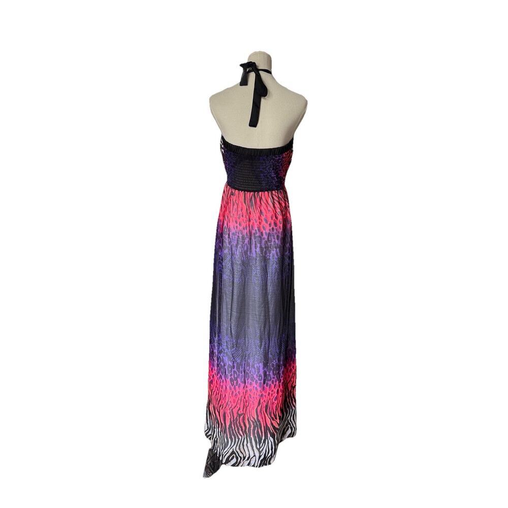 2B Bebe Animal Print Babydoll Maxi Dress Sz L Maximalism Y2K 2000s Halter Lined‎ - Picture 2 of 11